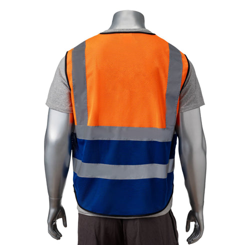 Class-2 Reflective Safety Vest With 4 Pockets | Back side | Safety orange-blue
